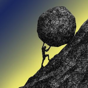 A silhouetted figure struggling to push a large boulder up a hill against a gradient background of blue and yellow.